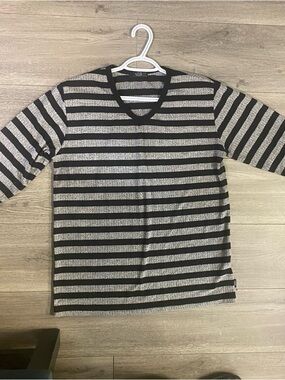 Striped V-Neck Women’s Shirt - Black and Gray